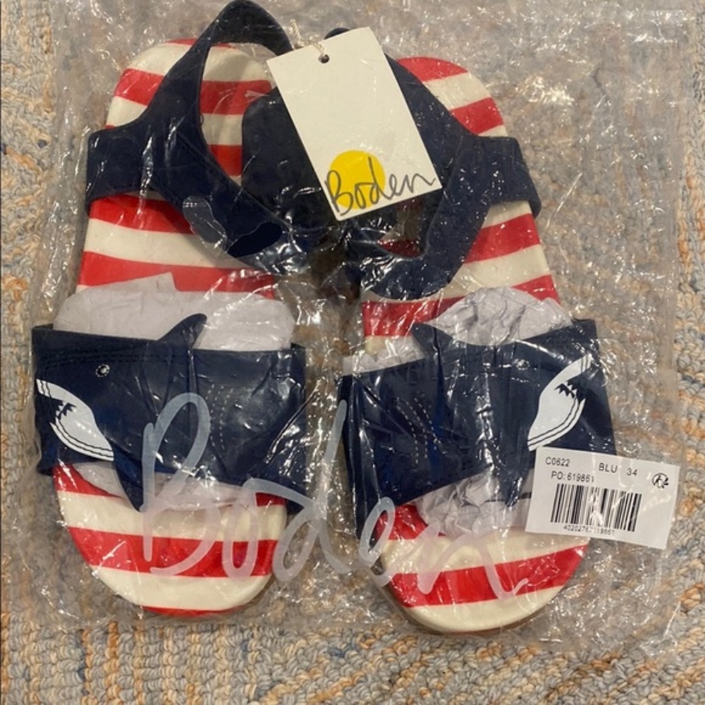 Boden Kids Navy and Red Striped Sandals